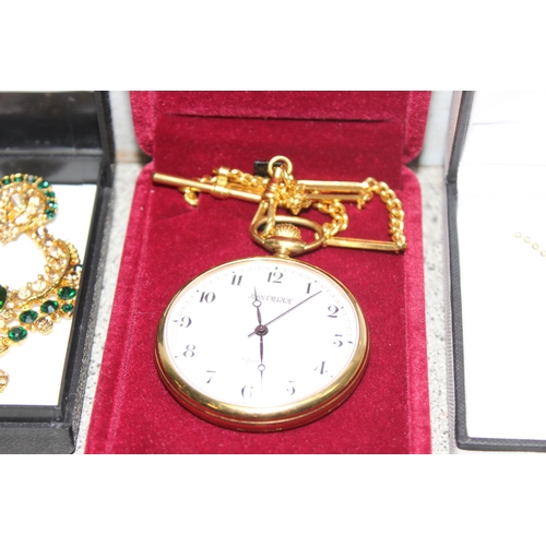 2332 - Jean Pierre of Switzerland full hunter gold plated quartz pocket watch with matching T bar chain in ... 