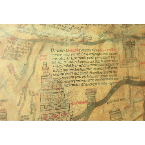 434 - A large framed vintage print of the Hereford Mappa Mundi Medieval map, limited edition 66/2800, appr... 