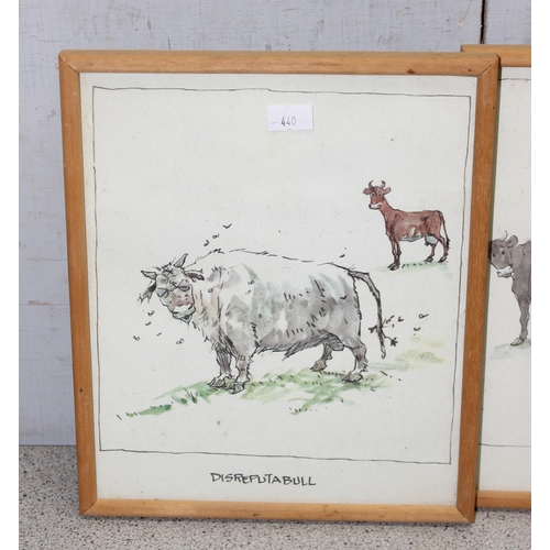 440 - 8 framed comical prints of bulls, approx 24cm x 20cm