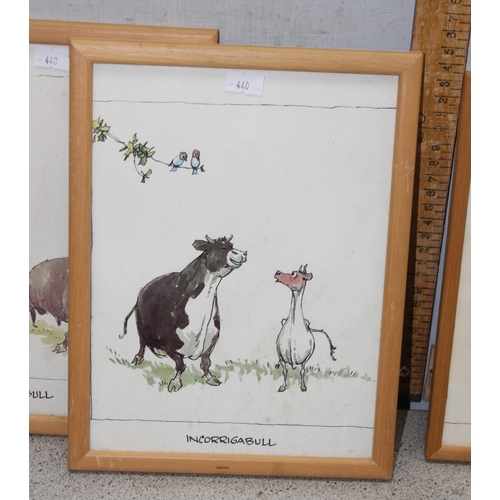 440 - 8 framed comical prints of bulls, approx 24cm x 20cm