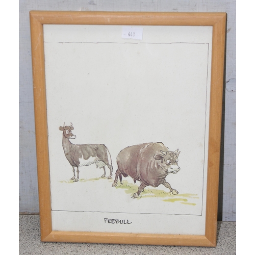 440 - 8 framed comical prints of bulls, approx 24cm x 20cm