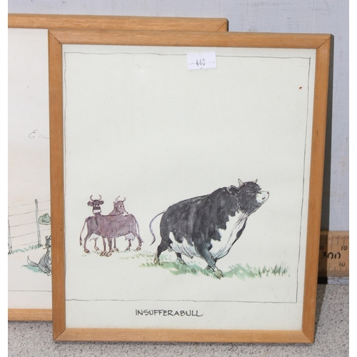 440 - 8 framed comical prints of bulls, approx 24cm x 20cm