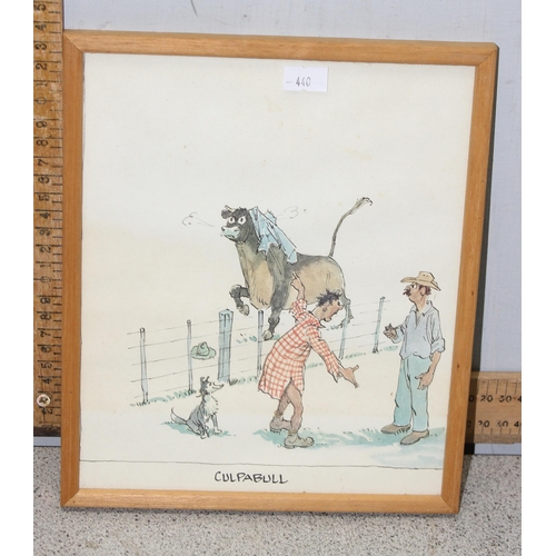 440 - 8 framed comical prints of bulls, approx 24cm x 20cm