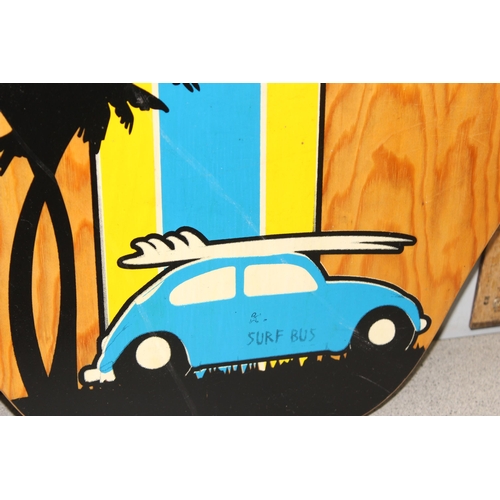 737 - Vintage wooden poplar laminated skimboard with VW and palm tree art work design to base, approx 90cm... 