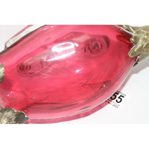 1655 - A rare cranberry glass and silver plate mounted decanter or claret jug formed as a duck, the feet ma... 