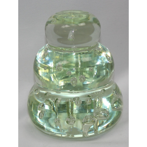 1659 - An unusual green glass dump paperweight of 3 stepped design with random bubbles, likely 19th century... 