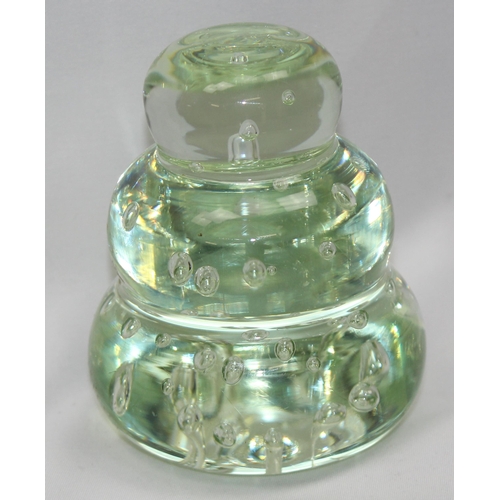 1659 - An unusual green glass dump paperweight of 3 stepped design with random bubbles, likely 19th century... 