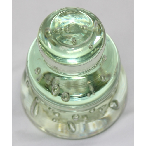 1659 - An unusual green glass dump paperweight of 3 stepped design with random bubbles, likely 19th century... 