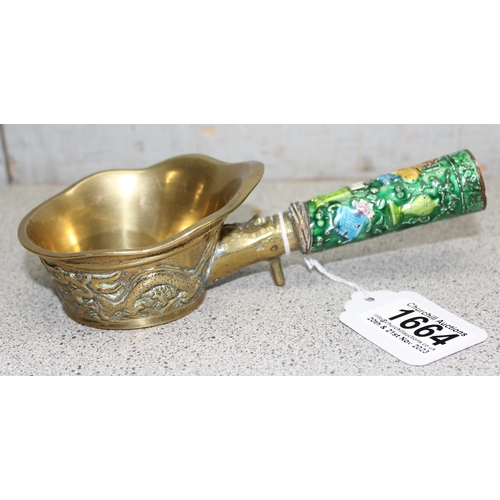 1664 - A vintage Chinese brass and enamel open topped coal heated clothes iron, approx 18cm long