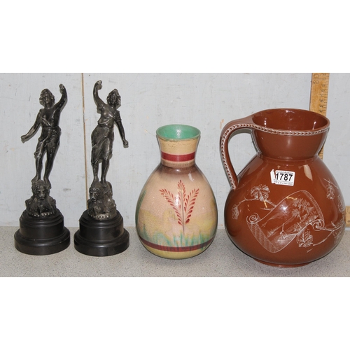 1787 - A pair of antique spelter figures, a Victorian jug bearing lozenge mark and an Art Pottery vase made... 