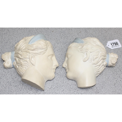 1790 - A pair of painted and moulded classical style plaster busts of female heads, each approx 20cm tall