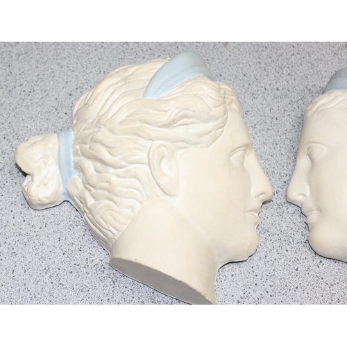 1790 - A pair of painted and moulded classical style plaster busts of female heads, each approx 20cm tall