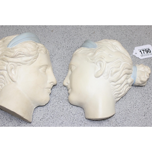 1790 - A pair of painted and moulded classical style plaster busts of female heads, each approx 20cm tall