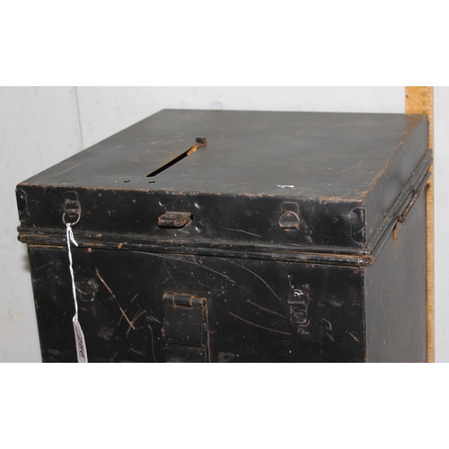 286 - A large vintage black painted tin or toleware ballot box with sliding opening, approx 33cm square x ... 