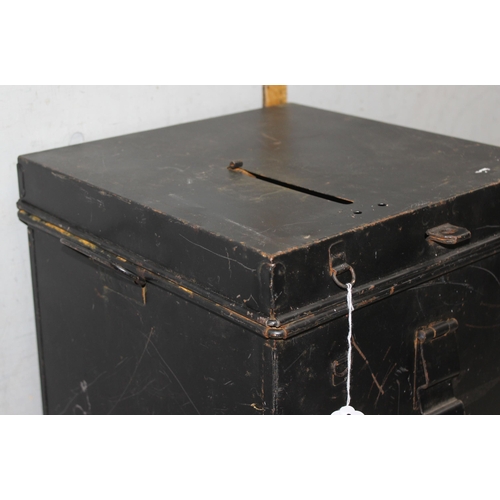 286 - A large vintage black painted tin or toleware ballot box with sliding opening, approx 33cm square x ... 