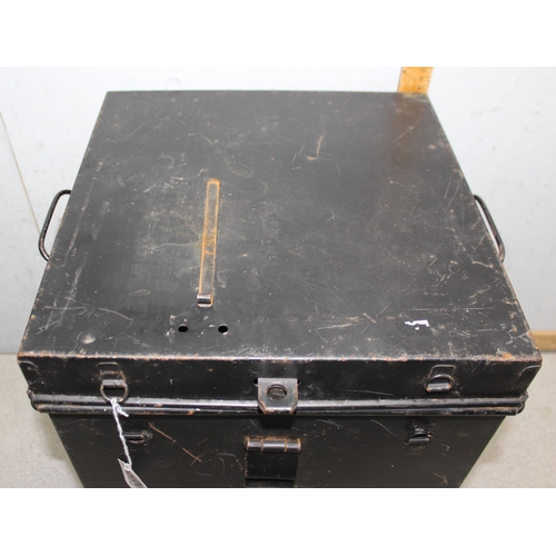 286 - A large vintage black painted tin or toleware ballot box with sliding opening, approx 33cm square x ... 