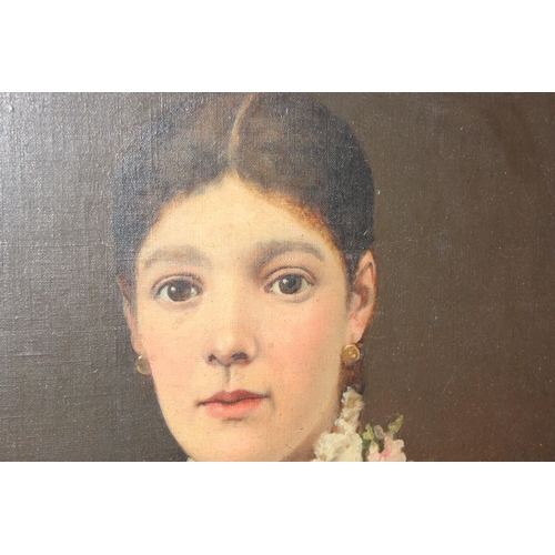 401 - A pair of 19th century oil on canvas portraits of a lady and a man, both seemingly unsigned, in gilt... 