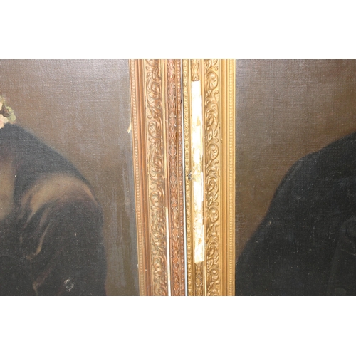 401 - A pair of 19th century oil on canvas portraits of a lady and a man, both seemingly unsigned, in gilt... 