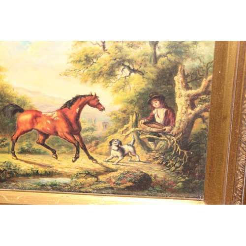 403 - An antique style textured print of a horse in impressive gilt frame, approx 52cm x 46cm inc frame