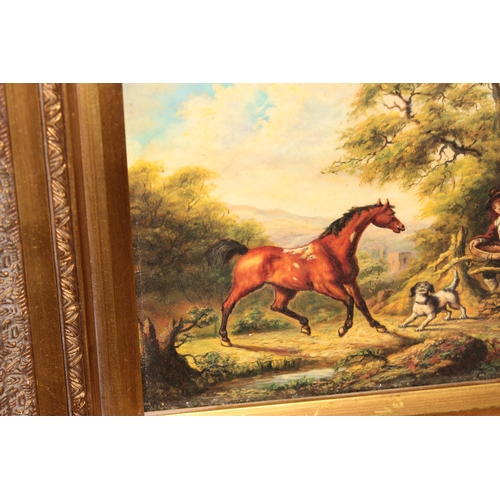 403 - An antique style textured print of a horse in impressive gilt frame, approx 52cm x 46cm inc frame