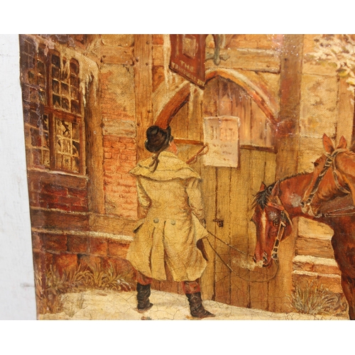 404 - A 19th century oil on canvas of 2 travellers in the snow with horses reaching a closed inn, seemingl... 