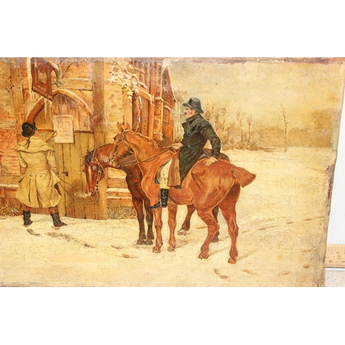 404 - A 19th century oil on canvas of 2 travellers in the snow with horses reaching a closed inn, seemingl... 