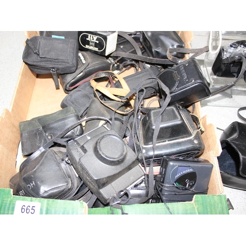 665 - Box of assorted vintage cameras and other electronics to inc a Casio Walkman, Olympus etc etc