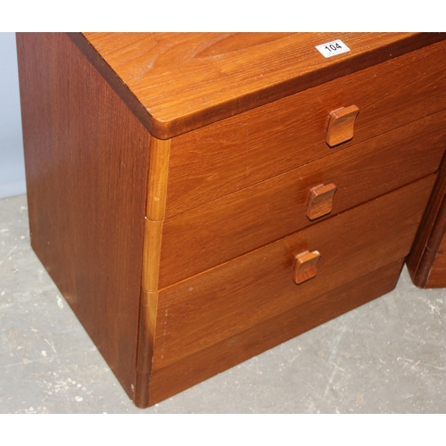 104 - A pair of retro Stag 3 drawer bedside cabinets, each approx 56cm wide x 44cm deep x 64cm tall