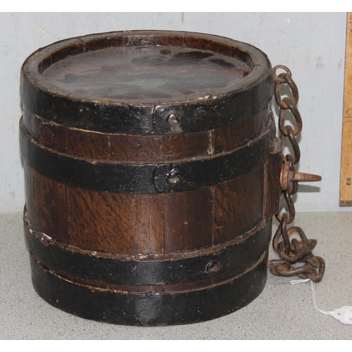 1775 - Antique oak costrel - harvest barrel, approx 21cm tall x 22cm diameter