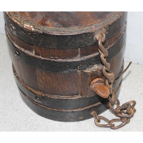 1775 - Antique oak costrel - harvest barrel, approx 21cm tall x 22cm diameter