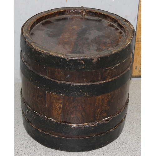 1775 - Antique oak costrel - harvest barrel, approx 21cm tall x 22cm diameter