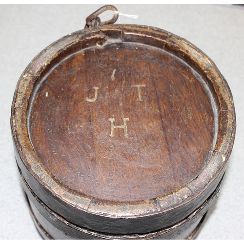 1775 - Antique oak costrel - harvest barrel, approx 21cm tall x 22cm diameter