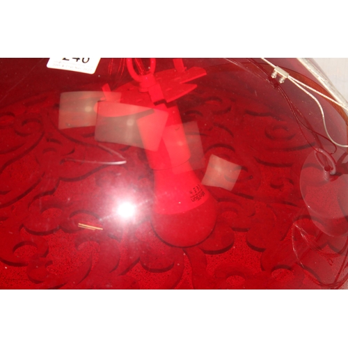 246 - Dome-topped Habitat Perspex red hanging ceiling light shade and fitting Approx. 46cm wide