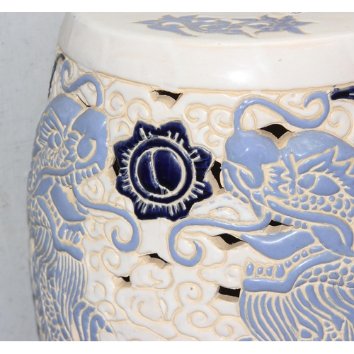 318 - Blue and white ceramic garden seat, decorated with Chinese dragons, approx 45cm tall