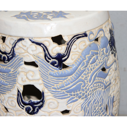 318 - Blue and white ceramic garden seat, decorated with Chinese dragons, approx 45cm tall