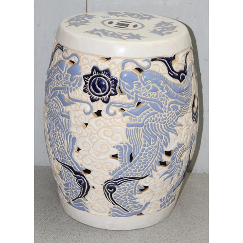 318 - Blue and white ceramic garden seat, decorated with Chinese dragons, approx 45cm tall