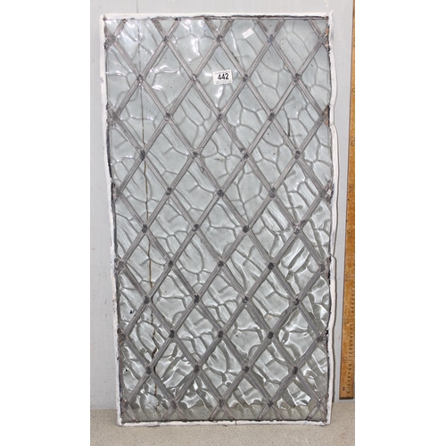 442 - Antique diamond pattern lead lined window pane, approx size 87cm x 45cm