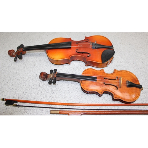 608 - 2 miniature violins and bows, longest approx 47cm