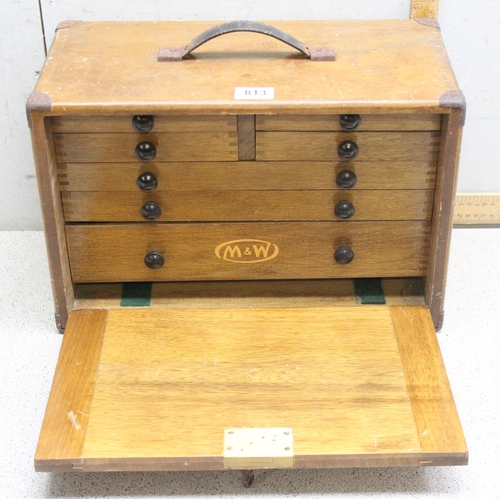 813 - Vintage engineers' tool chest stamped 'M&W' for Moore & Wright, with associated contents, approx 43c... 