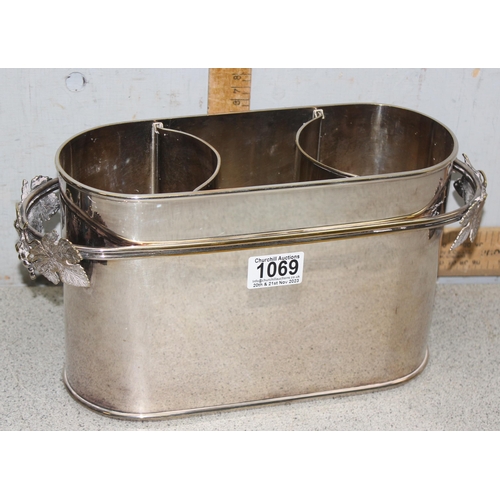 1069 - A silver plated 2 bottle wine cooler with vine decoration, a vintage silver plated ice bucket and a ... 