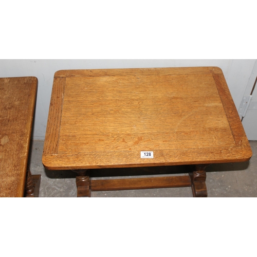 128 - 2 small vintage oak side tables. the largest approx 65cm wide x 45cm deep x 55cm tall