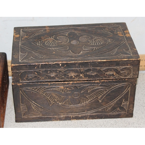 287 - 3 assorted vintage wooden boxes, one with interesting brass plaque and a Georgian mirror base (4)