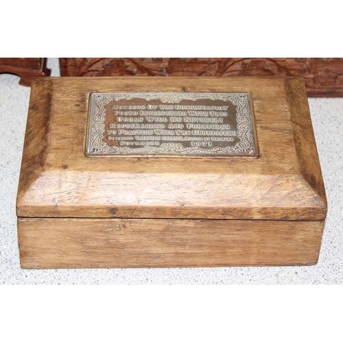 287 - 3 assorted vintage wooden boxes, one with interesting brass plaque and a Georgian mirror base (4)