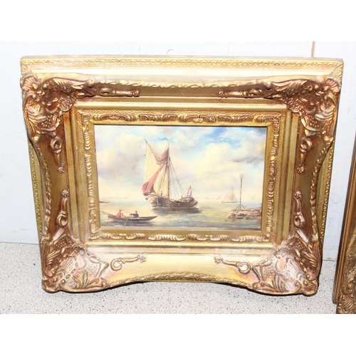 469 - 2 vintage gilt framed oil paintings of sailing ships and a similar gilt framed print