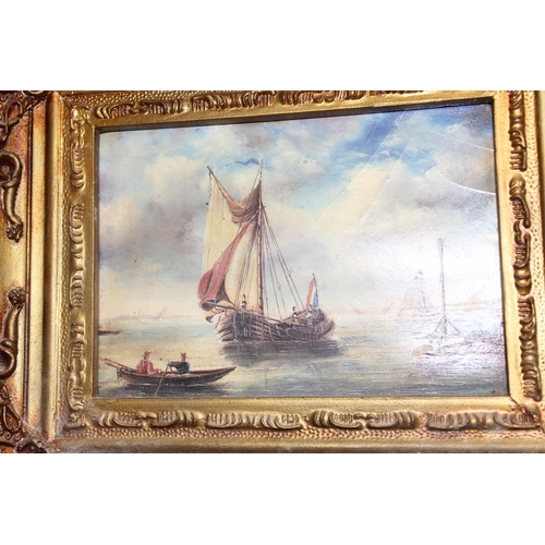 469 - 2 vintage gilt framed oil paintings of sailing ships and a similar gilt framed print