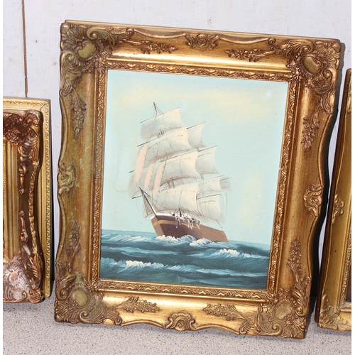 469 - 2 vintage gilt framed oil paintings of sailing ships and a similar gilt framed print