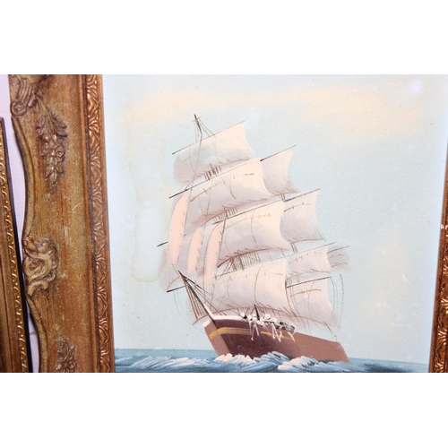 469 - 2 vintage gilt framed oil paintings of sailing ships and a similar gilt framed print