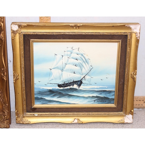 469 - 2 vintage gilt framed oil paintings of sailing ships and a similar gilt framed print