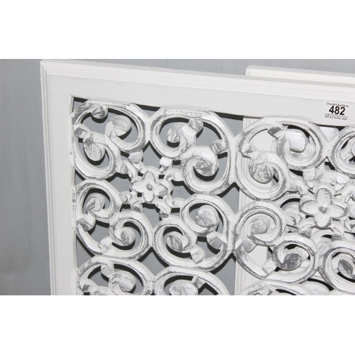 482 - 3 decorative white painted wooden panels with pierced design, each approx 91cm square