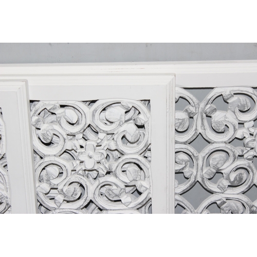 482 - 3 decorative white painted wooden panels with pierced design, each approx 91cm square